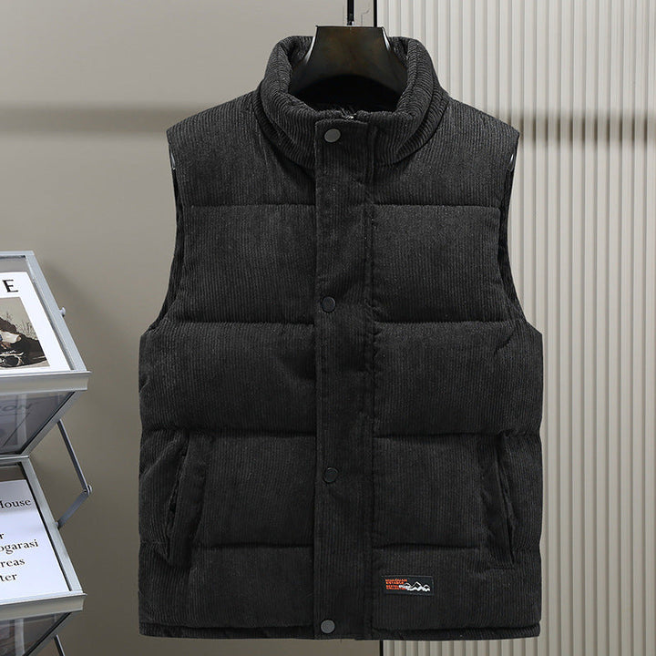 Stylish men's snap closure sleeveless vest with stand collar, offering warmth & comfort for winter.