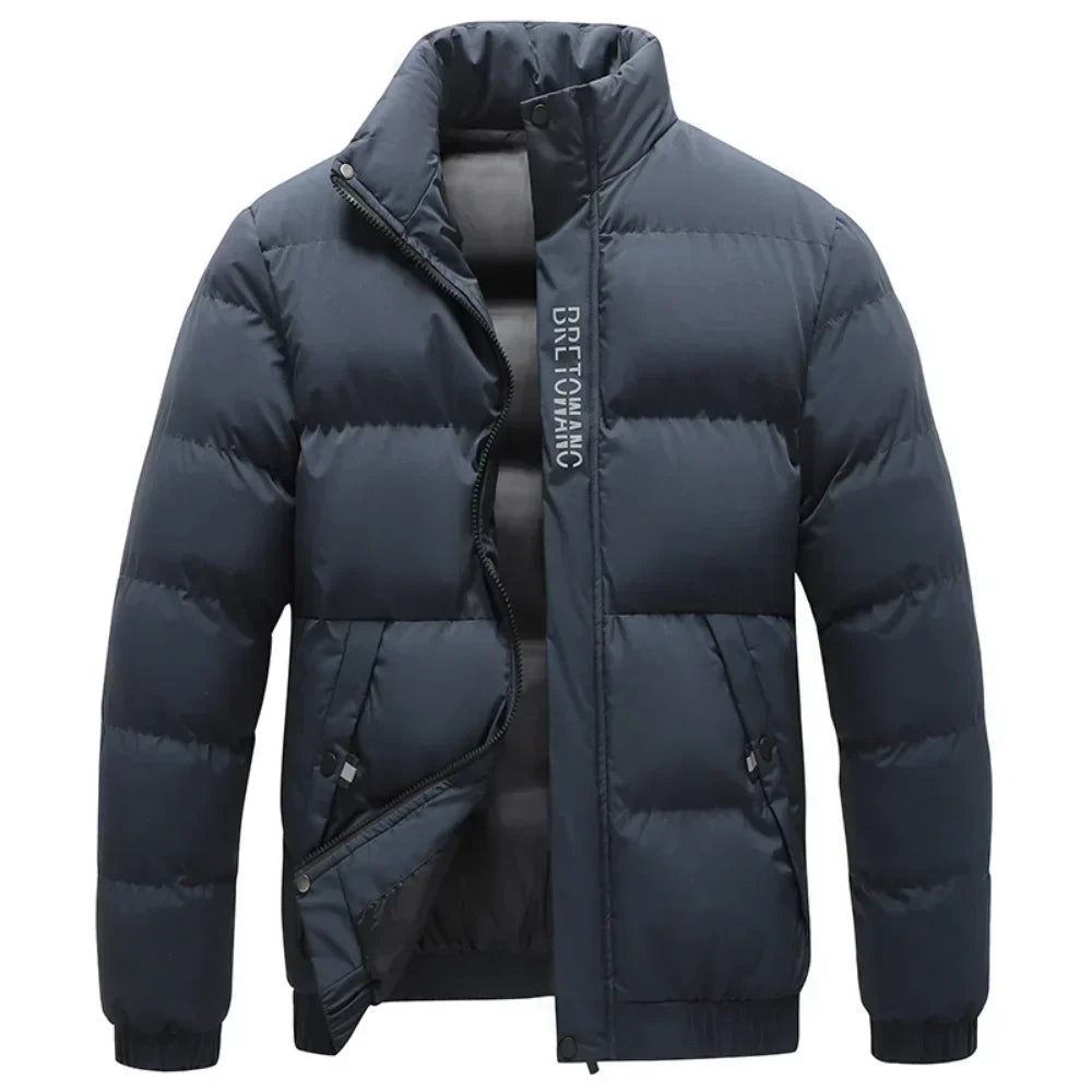 Men's warm, weatherproof winter jacket in navy blue. Insulated, waterproof, wind-resistant for cold weather outdoor use.