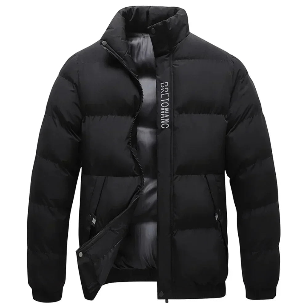 Durable men's waterproof & wind-resistant winter jacket. Warm insulated outerwear, ideal for extreme cold weather.