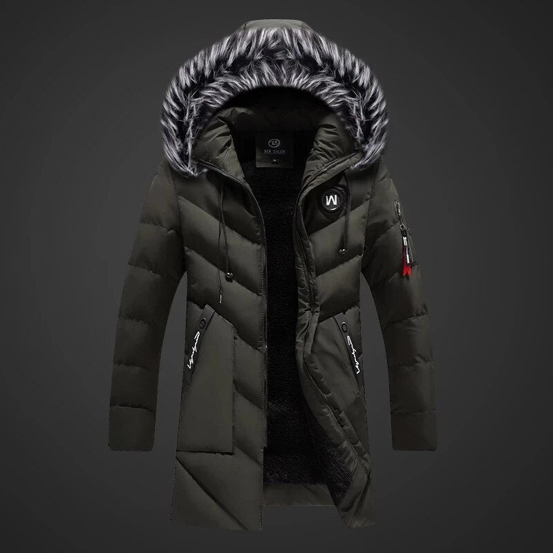Front view of a men's warm winter jacket, showcasing its durable fabric and timeless style.