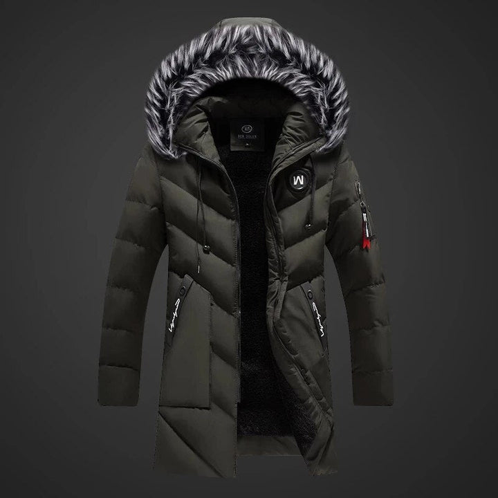 Front view of a men's warm winter jacket, showcasing its durable fabric and timeless style.