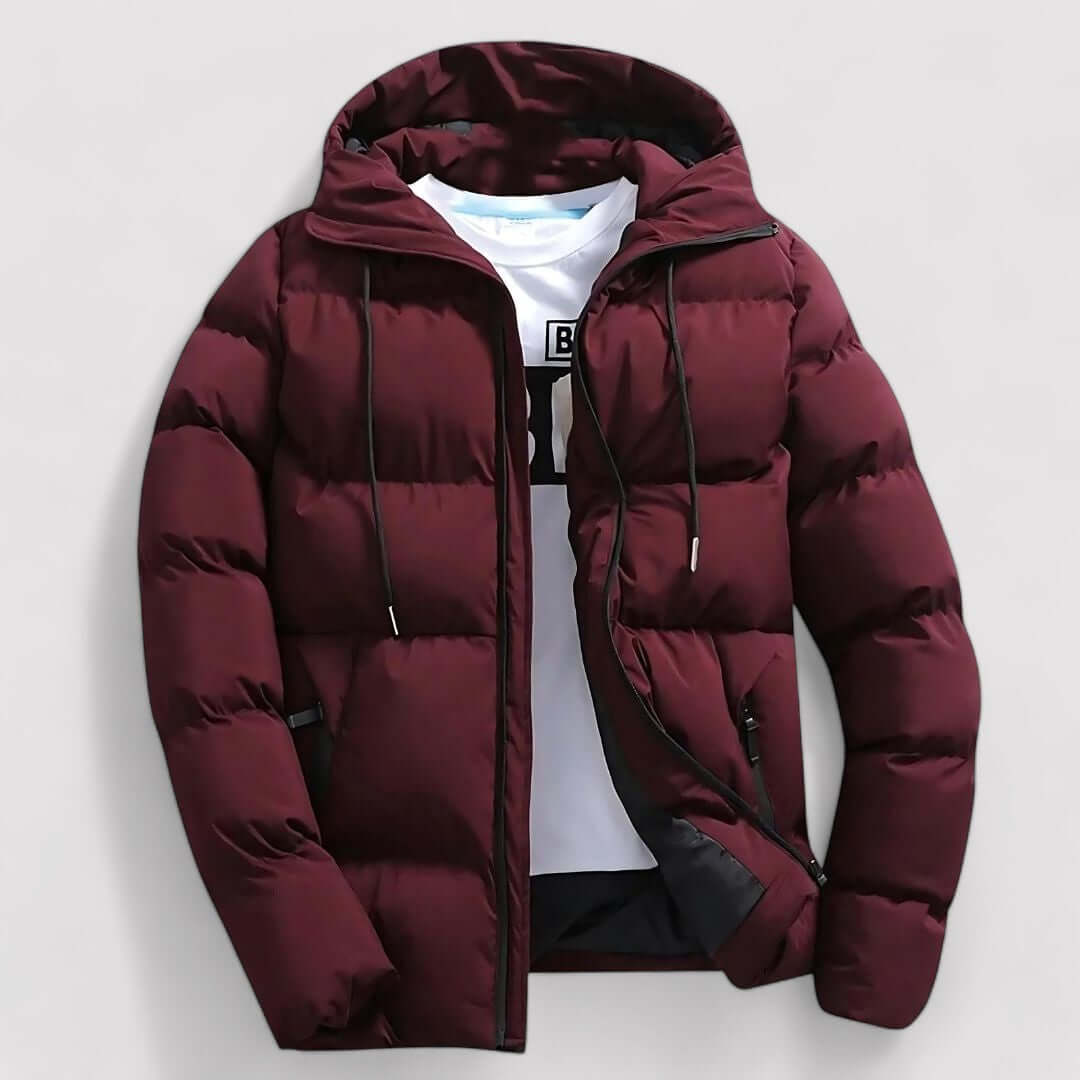 Durable men's winter parka with detachable hood, providing insulated warmth & protection for extreme cold.