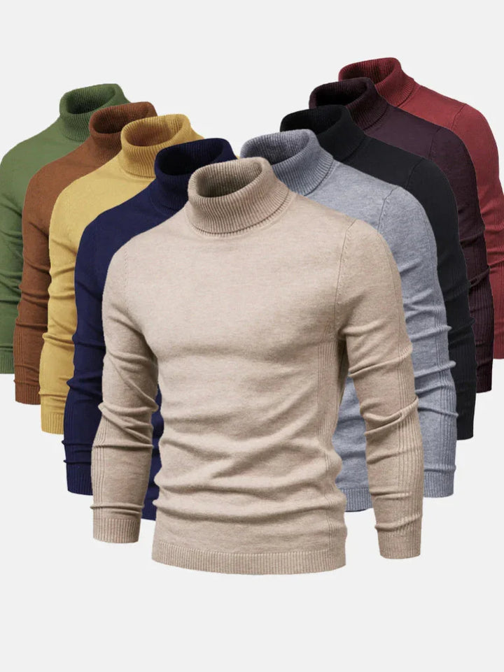 Men's classic turtleneck sweater. Versatile, comfortable, and easy to care for. Fall/winter.