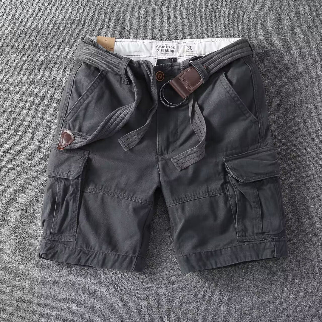 Men's washed utility cargo shorts, relaxed fit streetwear. Perfect for casual summer comfort & versatile style.