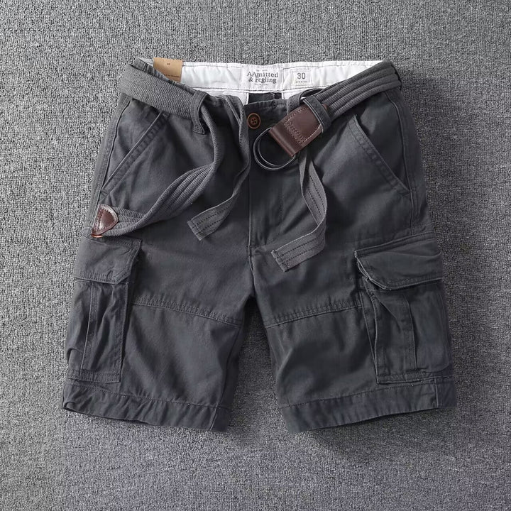 Men's washed utility cargo shorts, relaxed fit streetwear. Perfect for casual summer comfort & versatile style.