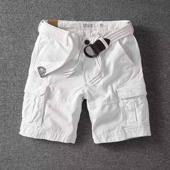 Versatile men's washed utility cargo shorts, relaxed fit, ideal for streetwear, casual wear, and summer fashion.