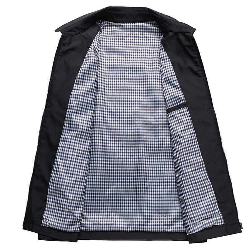 Man wearing a sleek water-resistant long sleeve coat, ideal for outdoor activities & everyday casual style.