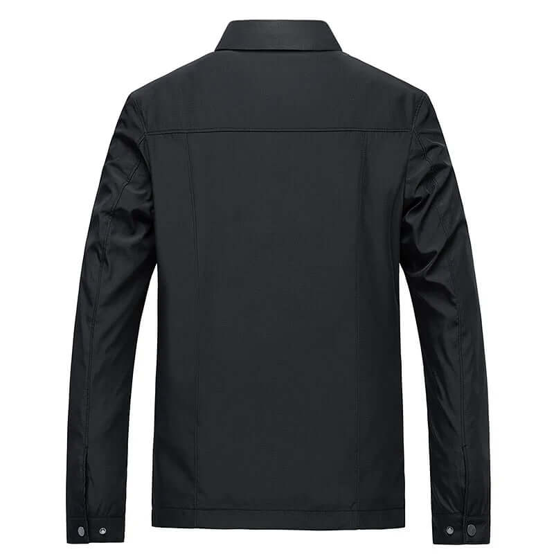 Classic black men's water-resistant long sleeve coat, durable outerwear for rain and everyday style.