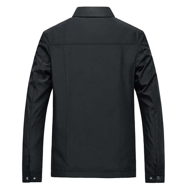 Classic black men's water-resistant long sleeve coat, durable outerwear for rain and everyday style.
