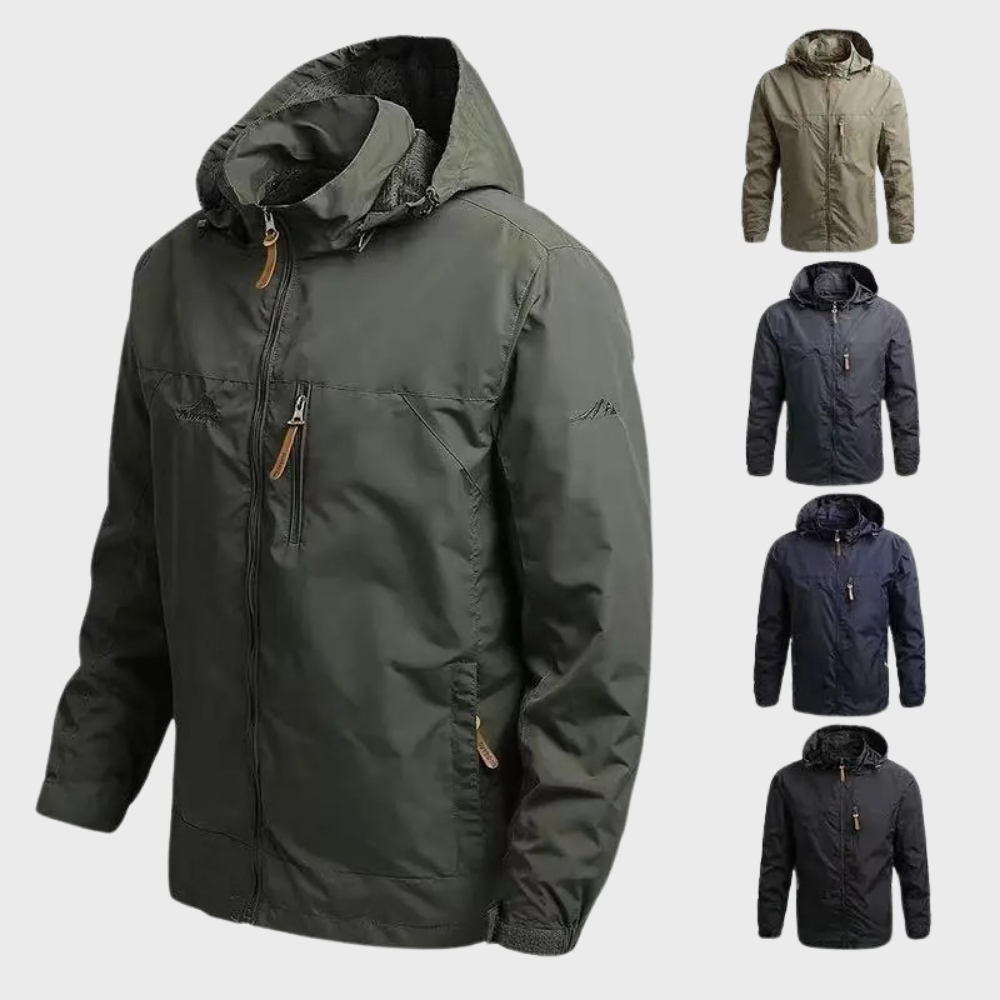 Men's water-resistant outdoor jacket with hood, ideal for hiking, camping, and all-weather adventure.