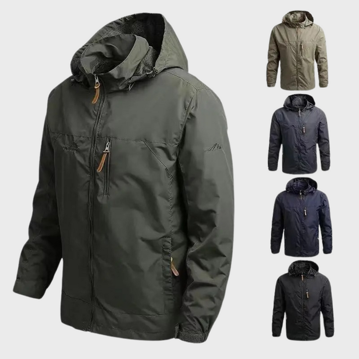 Men's water-resistant outdoor jacket with hood, ideal for hiking, camping, and all-weather adventure.