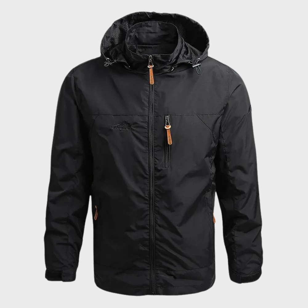 Windproof, water-resistant men's rain jacket with hood for fall, winter, and all outdoor adventures.
