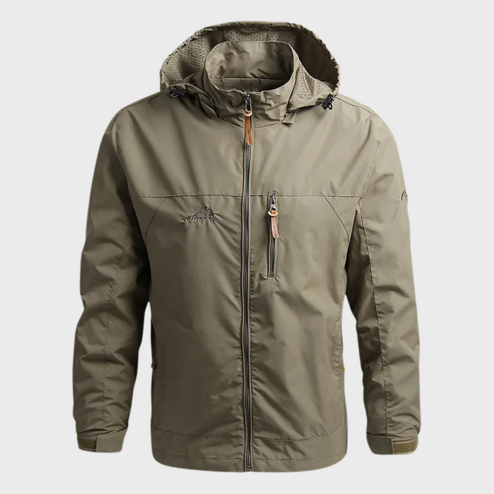 Men's hooded hiking & camping jacket, water-resistant & windproof, essential outerwear for adventure gear.