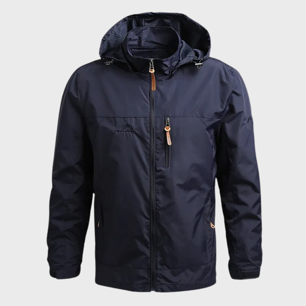 Durable men's outdoor adventure jacket, hooded, water-resistant & windproof for hiking & camping.