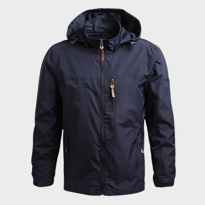 Durable men's outdoor adventure jacket, hooded, water-resistant & windproof for hiking & camping.