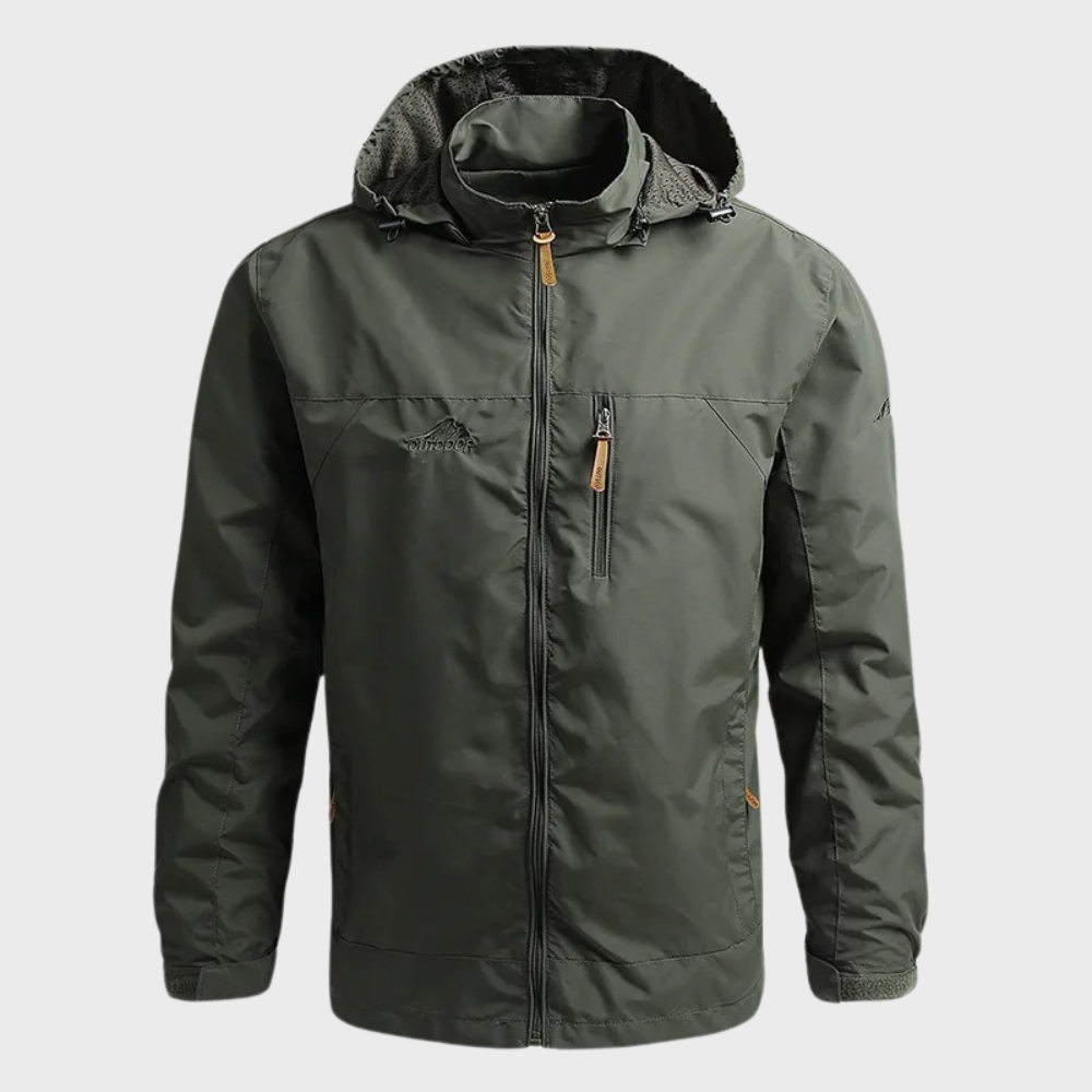 New men's water-resistant hooded jacket, windproof outerwear for camping, hiking & outdoor adventure gear.