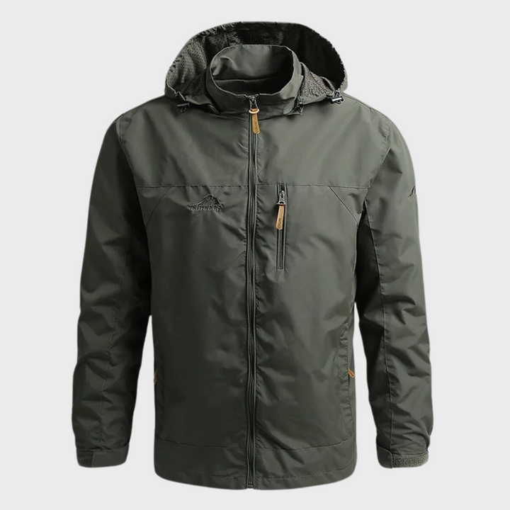 New men's water-resistant hooded jacket, windproof outerwear for camping, hiking & outdoor adventure gear.
