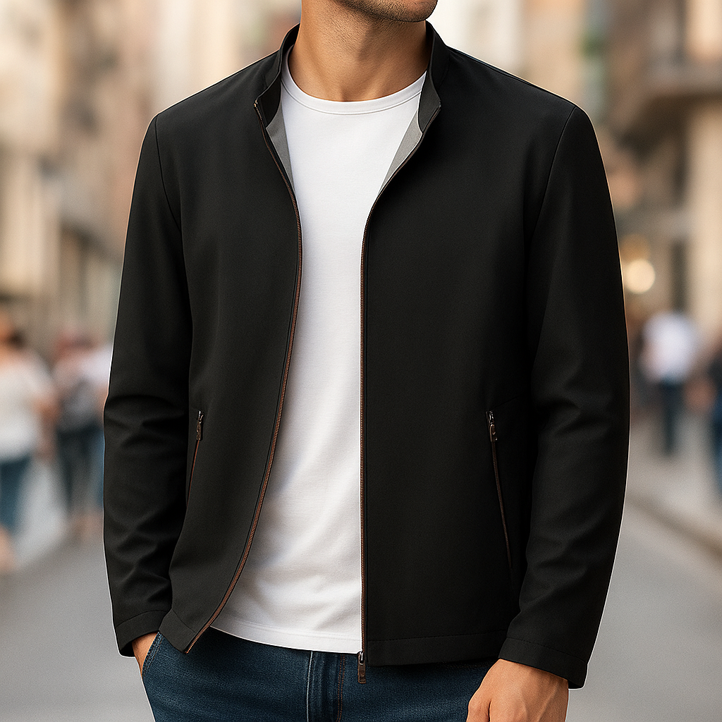Men's water-resistant zip jacket in navy, ideal for transitional weather & daily casual wear.