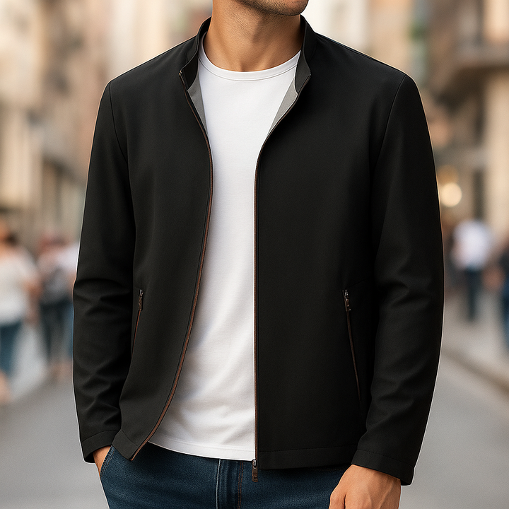 Men's water-resistant zip jacket in navy, ideal for transitional weather & daily casual wear.