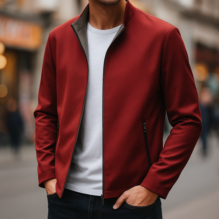 Close-up of a stylish men's water-resistant zip jacket, featuring durable fabric for spring and autumn.