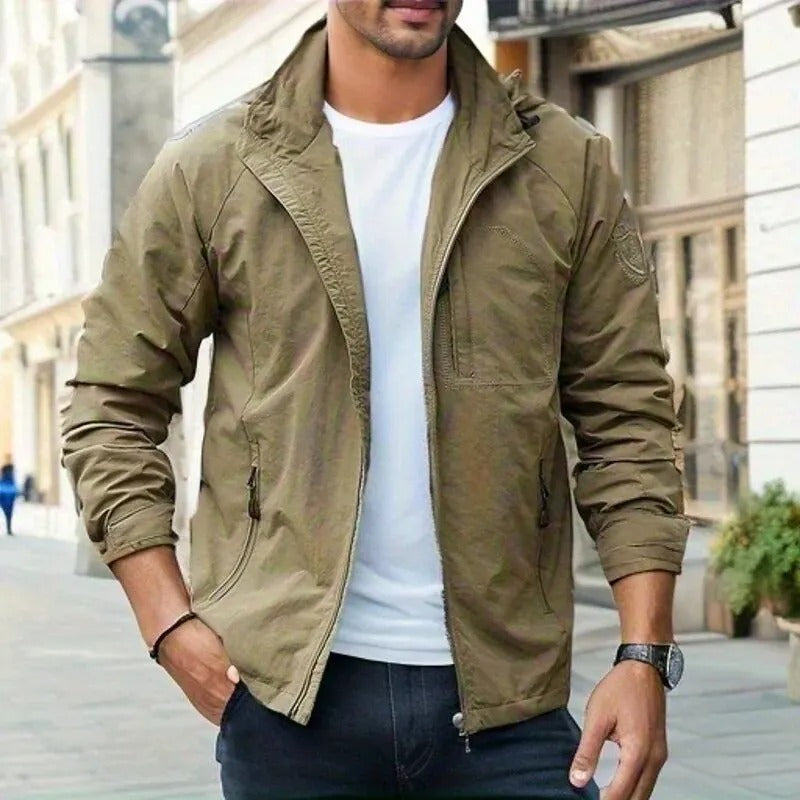 Men's waterproof breathable cargo jacket, ideal for summer outdoor activities. Lightweight casual fashion outerwear.
