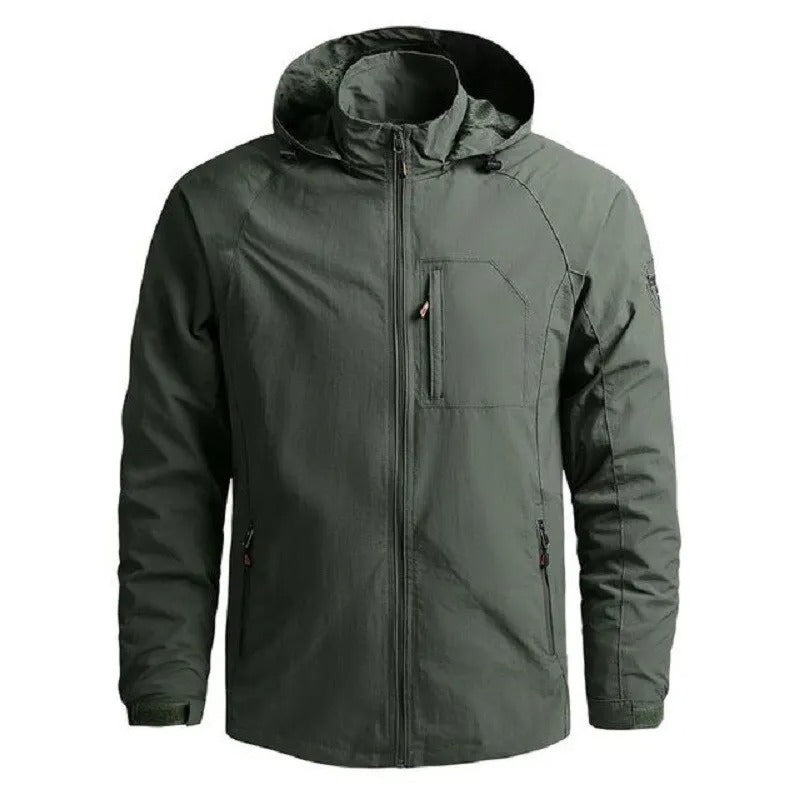 Durable men's breathable waterproof rain jacket, a versatile cargo style summer outerwear for everyday and travel.