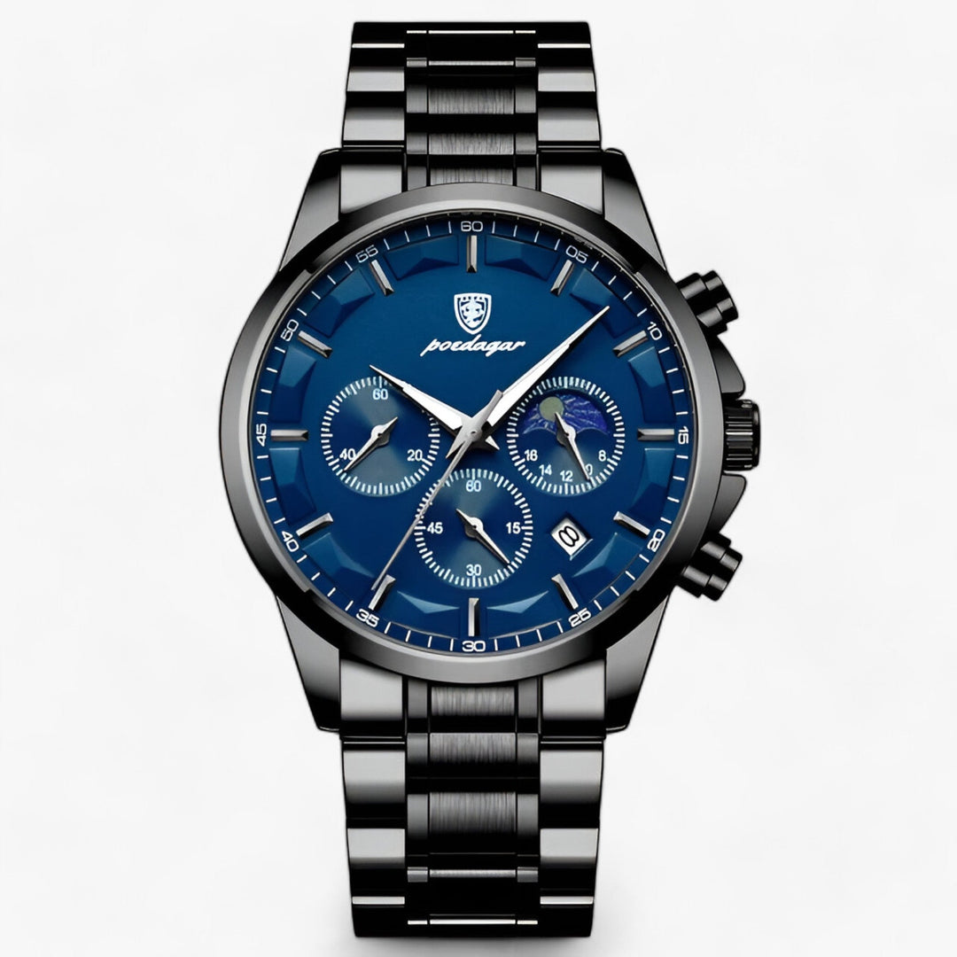 Versatile men's chronograph watch. Luminous, waterproof design with an elegant leather finish.