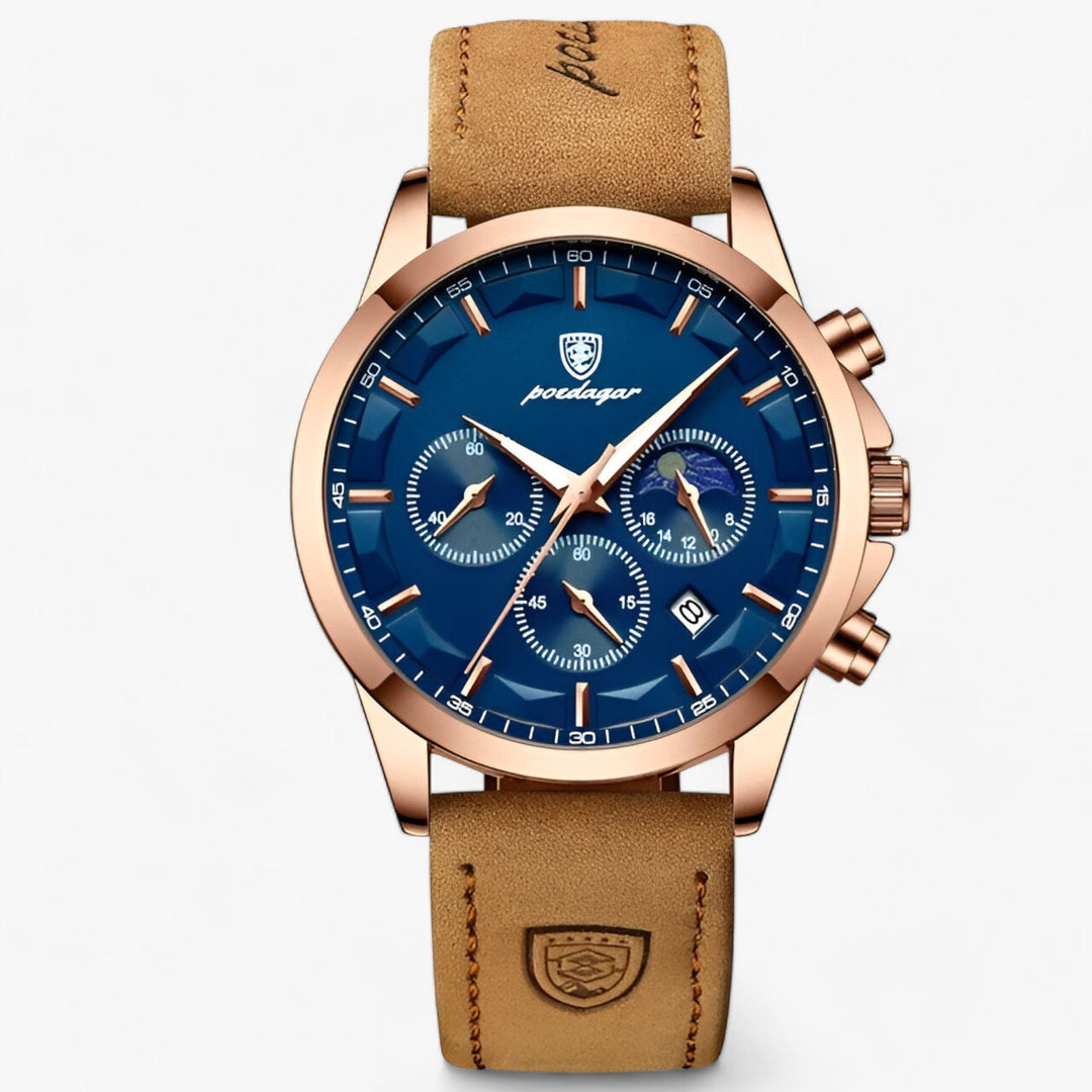 Stylish men's timepiece: black dial, silver case, brown leather strap. Waterproof & luminous.