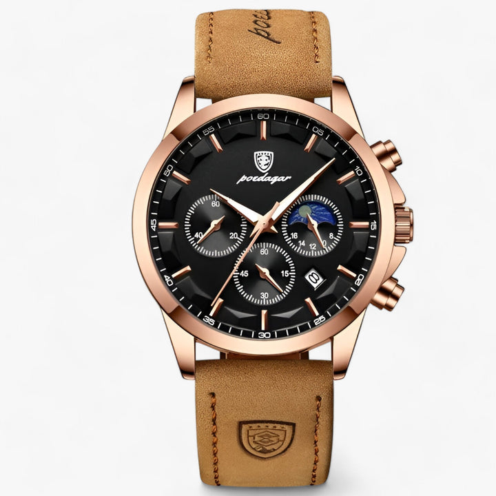 Waterproof men's watch featuring a precise chronograph function & durable leather band.