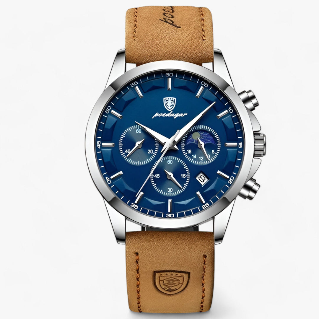 Close-up of a men's luminous dial chronograph watch on a rich brown leather strap.