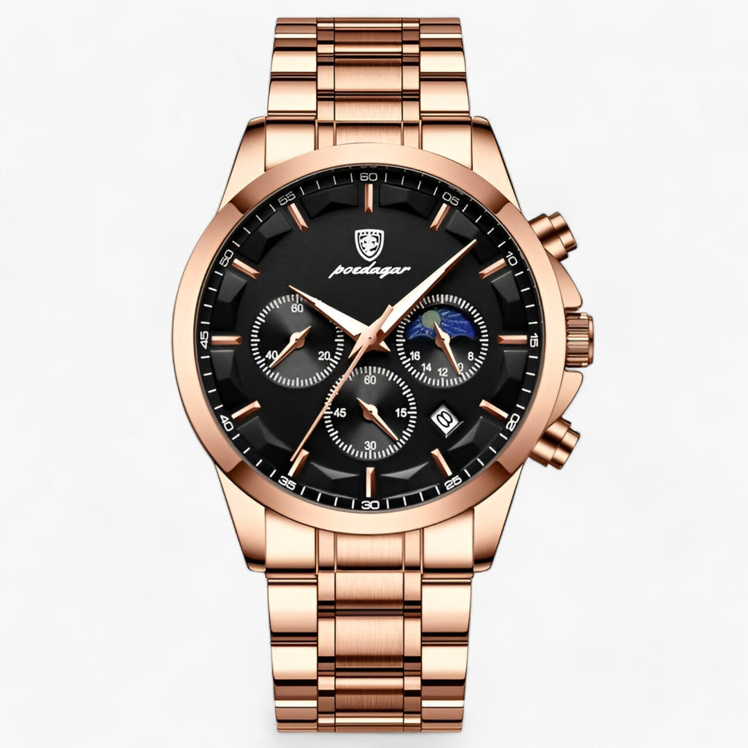High-quality men's waterproof watch. Accurate chronograph, classic leather strap design.