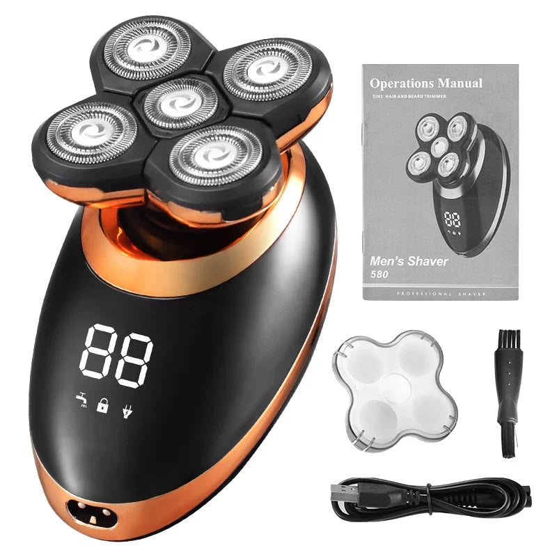 Waterproof electric shaver for men, shown with water, ideal for wet & dry grooming. Multi-functional body groomer.