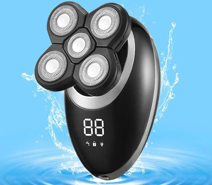 Ergonomic men's rechargeable cordless trimmer with multiple attachments for beard, hair, and body grooming.
