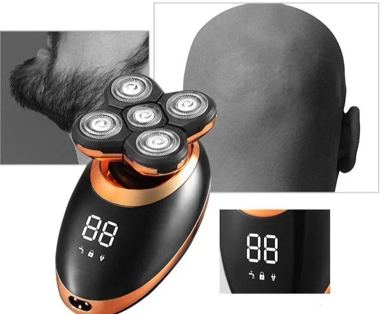 Portable men's cordless beard & hair trimmer on its charging dock, ready for travel and convenient grooming.