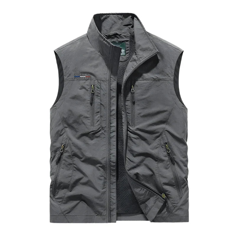 Stylish men's waterproof gilet, a casual sleeveless jacket designed for dry, warm outdoor and everyday layered wear.