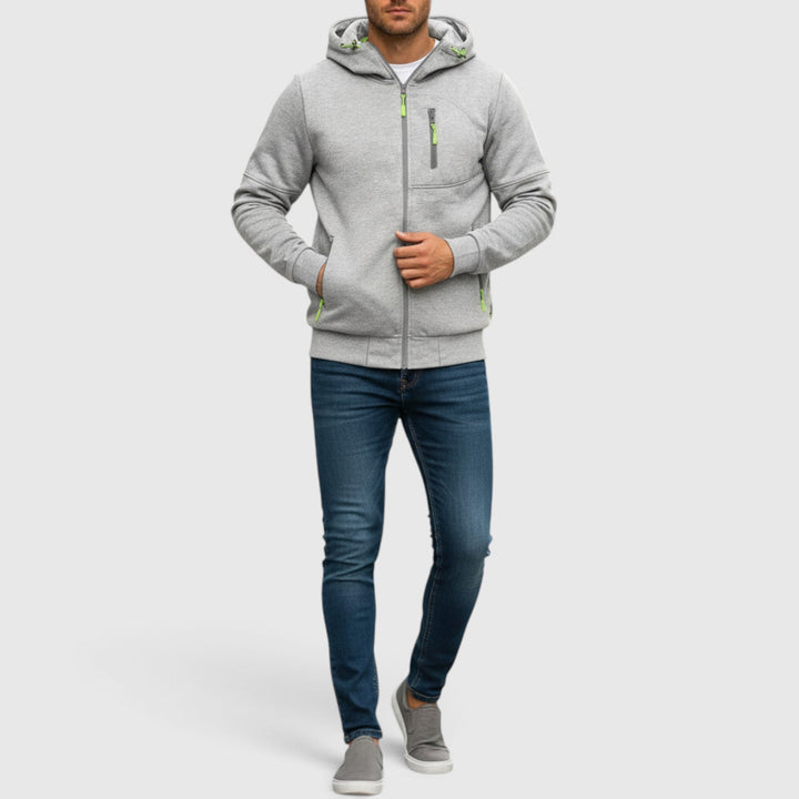 Men's waterproof hooded coat, casual loose fit zip-up for fall & winter outerwear.