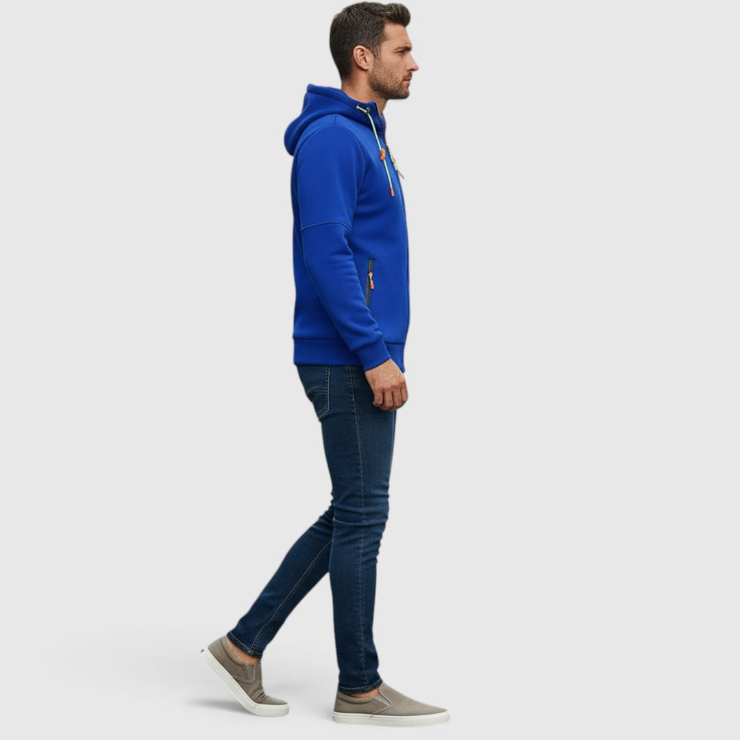 Comfortable men's waterproof hooded jacket, loose fit, perfect for outdoor activities.