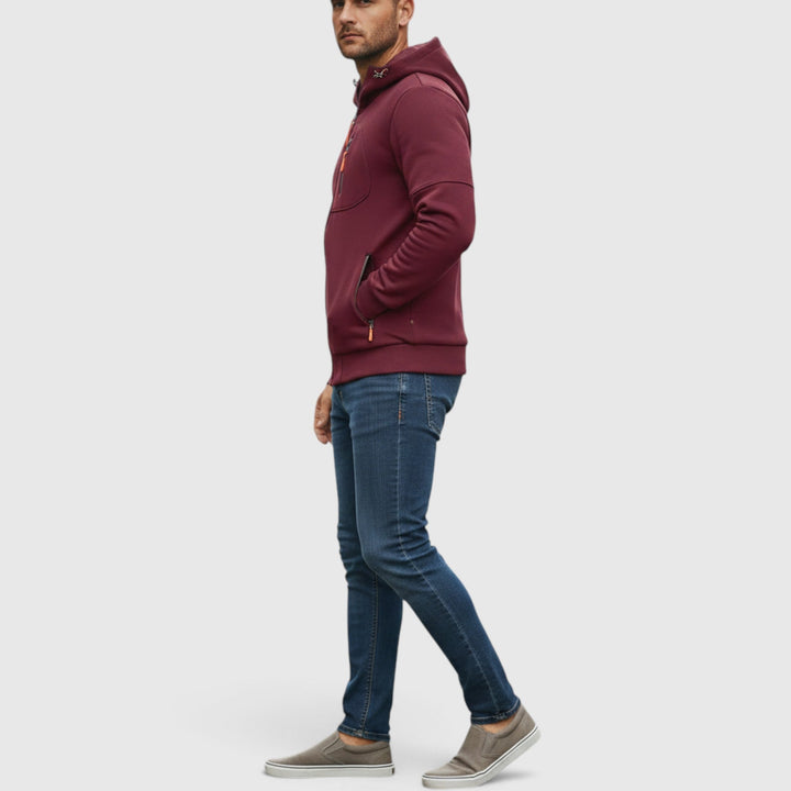 Hooded men's waterproof outerwear, loose fit zip hoodie for ultimate protection.