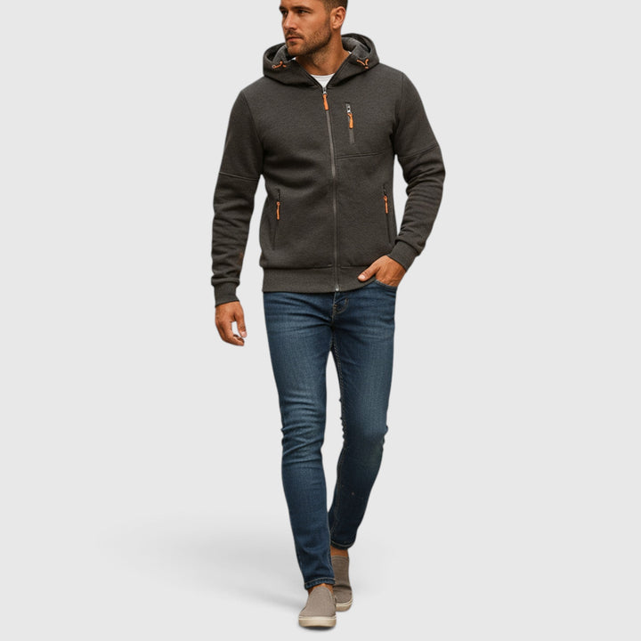 Men's fall casual waterproof jacket, comfortable loose fit with a warm hood.