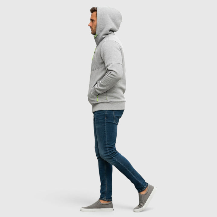 Winter men's waterproof zip hoodie, loose fit coat for everyday cold weather.