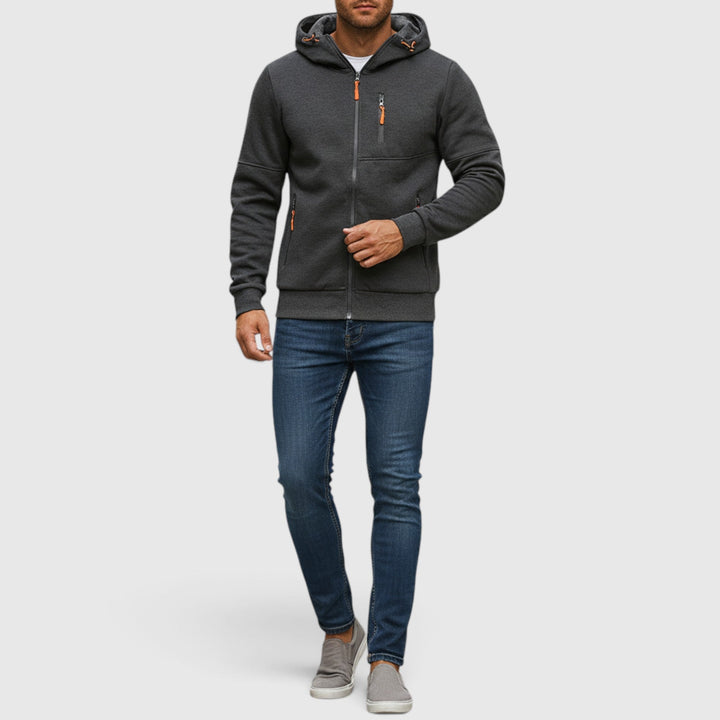 Durable men's waterproof zip hoodie, comfortable loose fit, ideal for everyday casual wear.