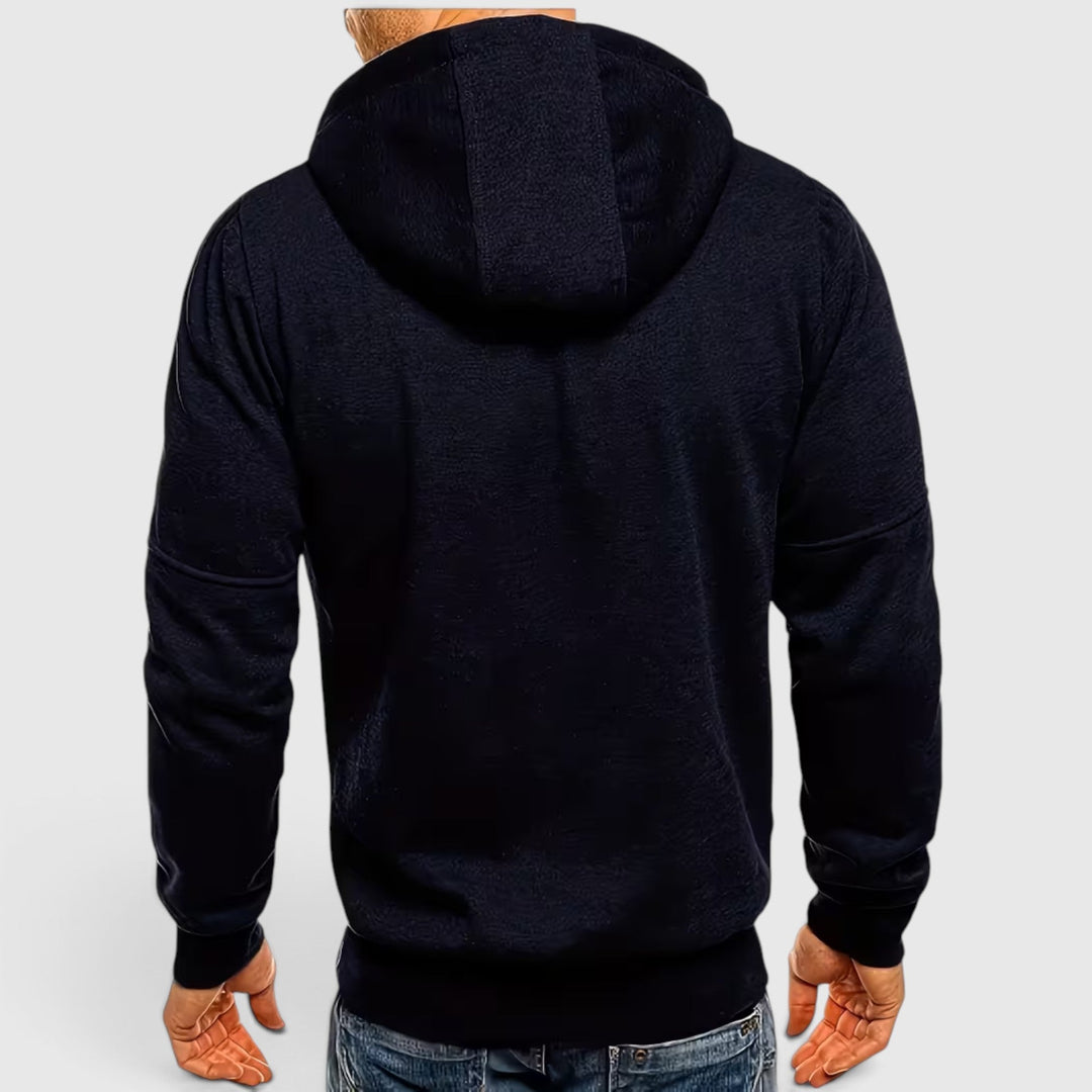 Comfortable men's waterproof hooded coat, loose fit, great for fall excursions.