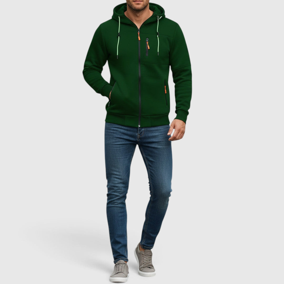 Casual men's zip-up coat, waterproof with a cozy hood, suitable for winter warmth.