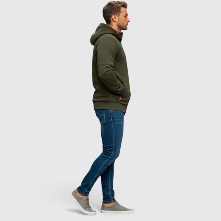 Warm men's zip-up waterproof hoodie, casual loose fit for any weather.