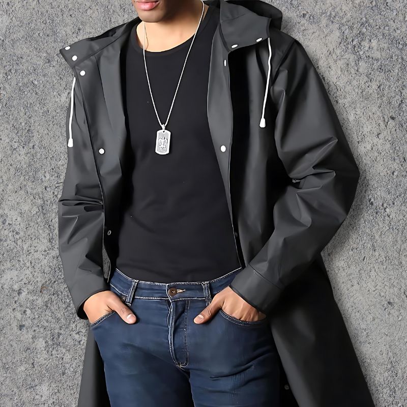 Men's waterproof hooded knee-length raincoat in a sleek design, perfect for commute & all-weather travel.