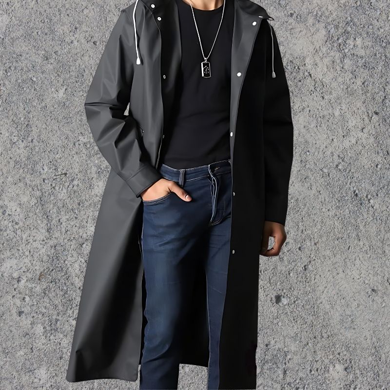 Hooded men's waterproof raincoat, knee-length for full coverage against rain. Ideal lightweight outerwear for men.