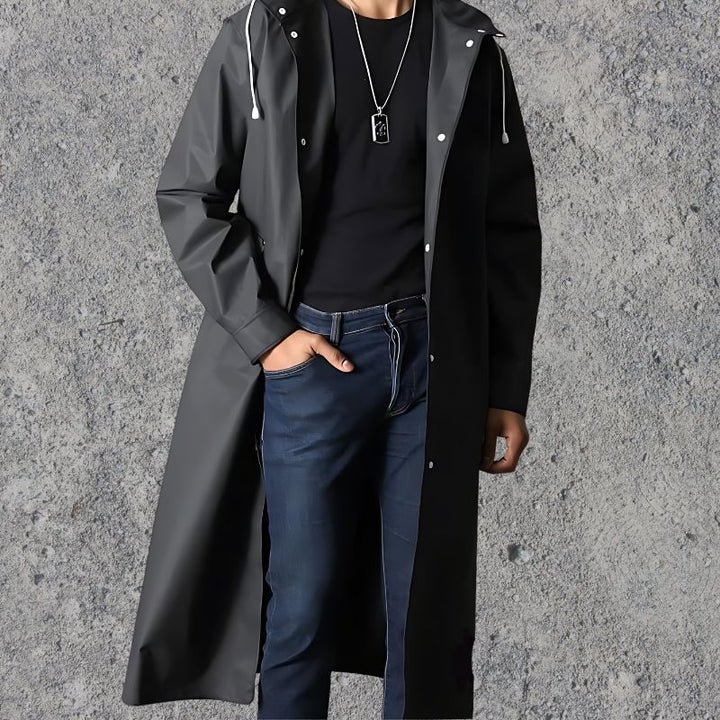 Hooded men's waterproof raincoat, knee-length for full coverage against rain. Ideal lightweight outerwear for men.