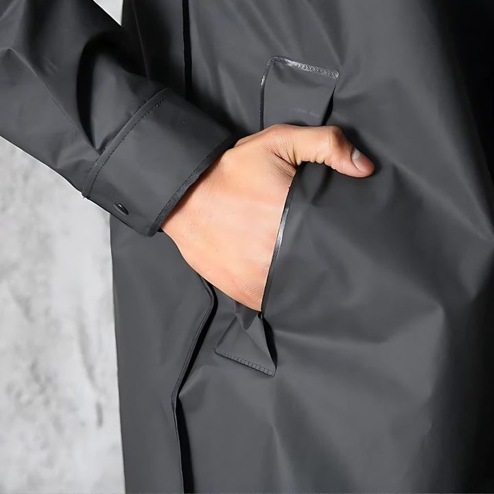 Durable men's waterproof hooded knee-length raincoat, lightweight and functional for all-weather protection and style.
