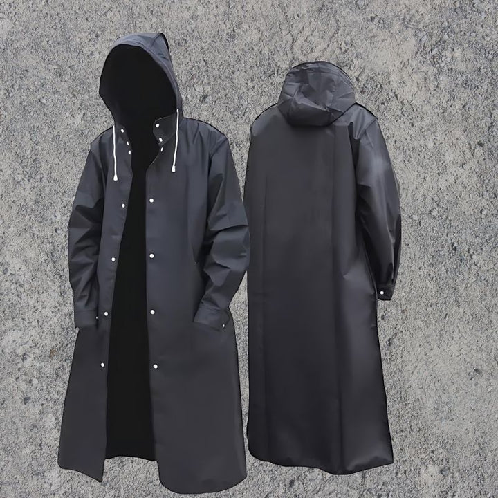 Modern men's waterproof hooded rain jacket, knee-length and lightweight, offering all-weather protection and men's fashion.