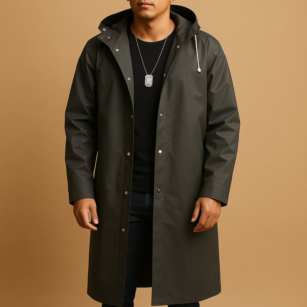 Men's waterproof hooded long rain jacket, black, ideal for outdoor activities & wet weather protection. Stylish & functional.